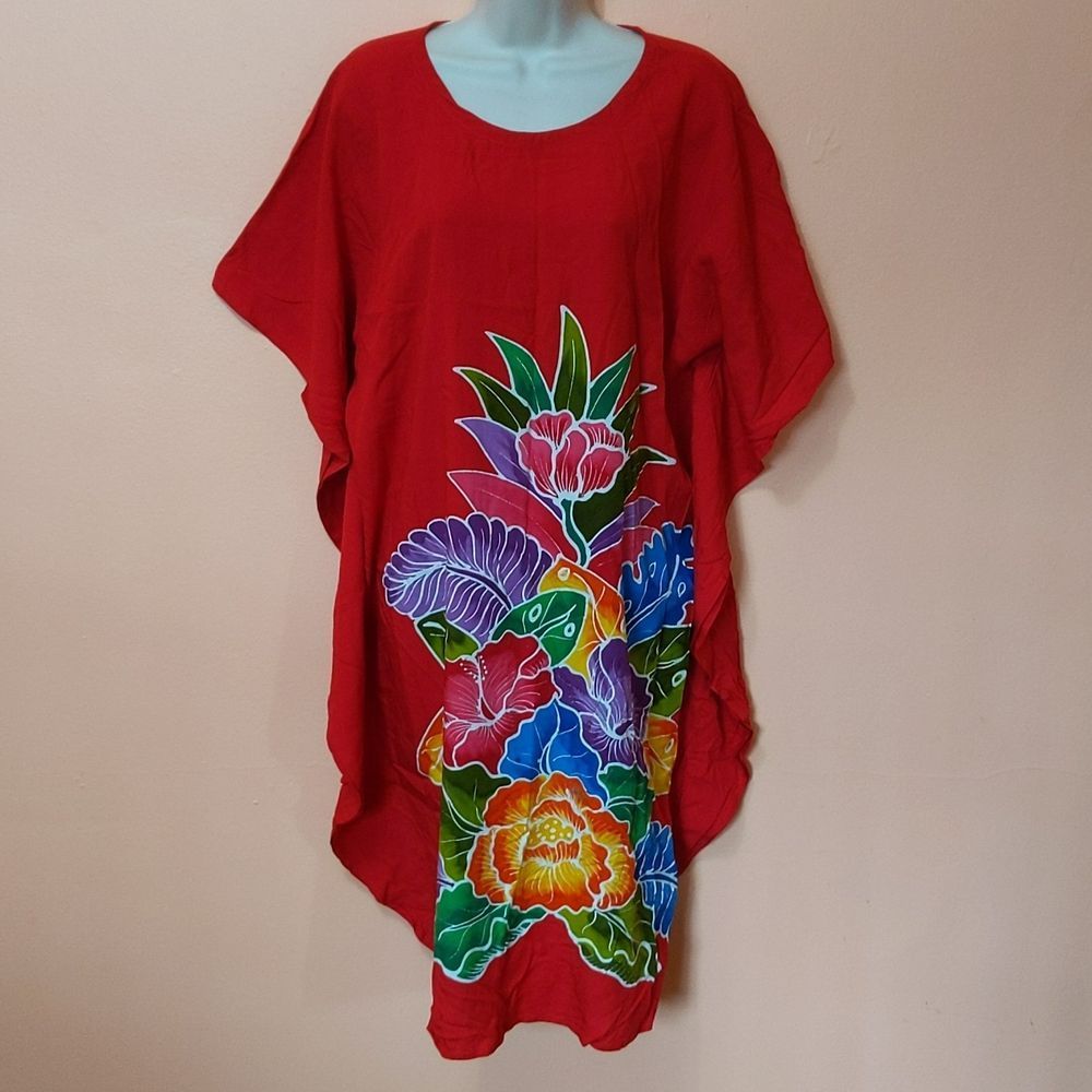 Vintage Hilo Hattie Red Tropical Flowers Kaftan Hand Made Dress OS